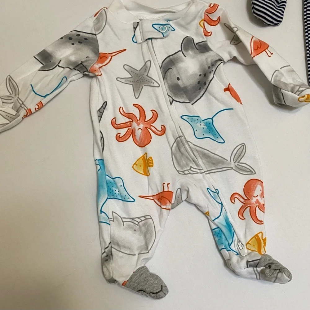 Carter's 2 Way Zip Preemie Sleep & Play White Ocean Print & Navy Stripe